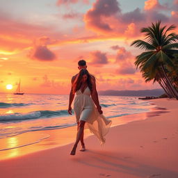 A gorgeous, romantic sunset scene at a tropical beach, featuring a couple holding hands, walking along the shore