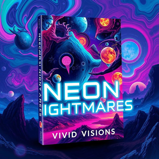 A book cover design for 'Neon Nightmares' by Vivid Visions