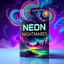 A book cover design for 'Neon Nightmares' by Vivid Visions