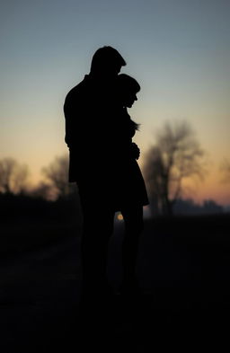 A hauntingly beautiful image featuring the shadows of a man and a woman intertwined, standing on a quiet, deserted path