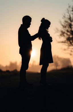 A hauntingly beautiful image featuring the shadows of a man and a woman intertwined, standing on a quiet, deserted path