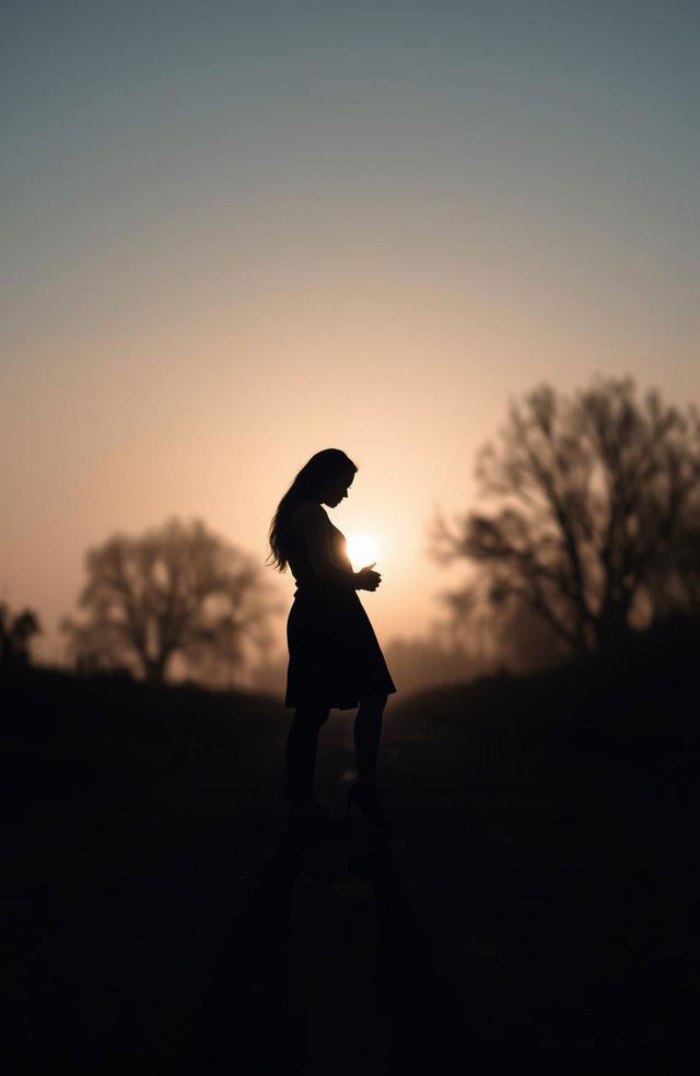 A hauntingly beautiful image featuring the shadows of a man and a woman intertwined, standing on a quiet, deserted path