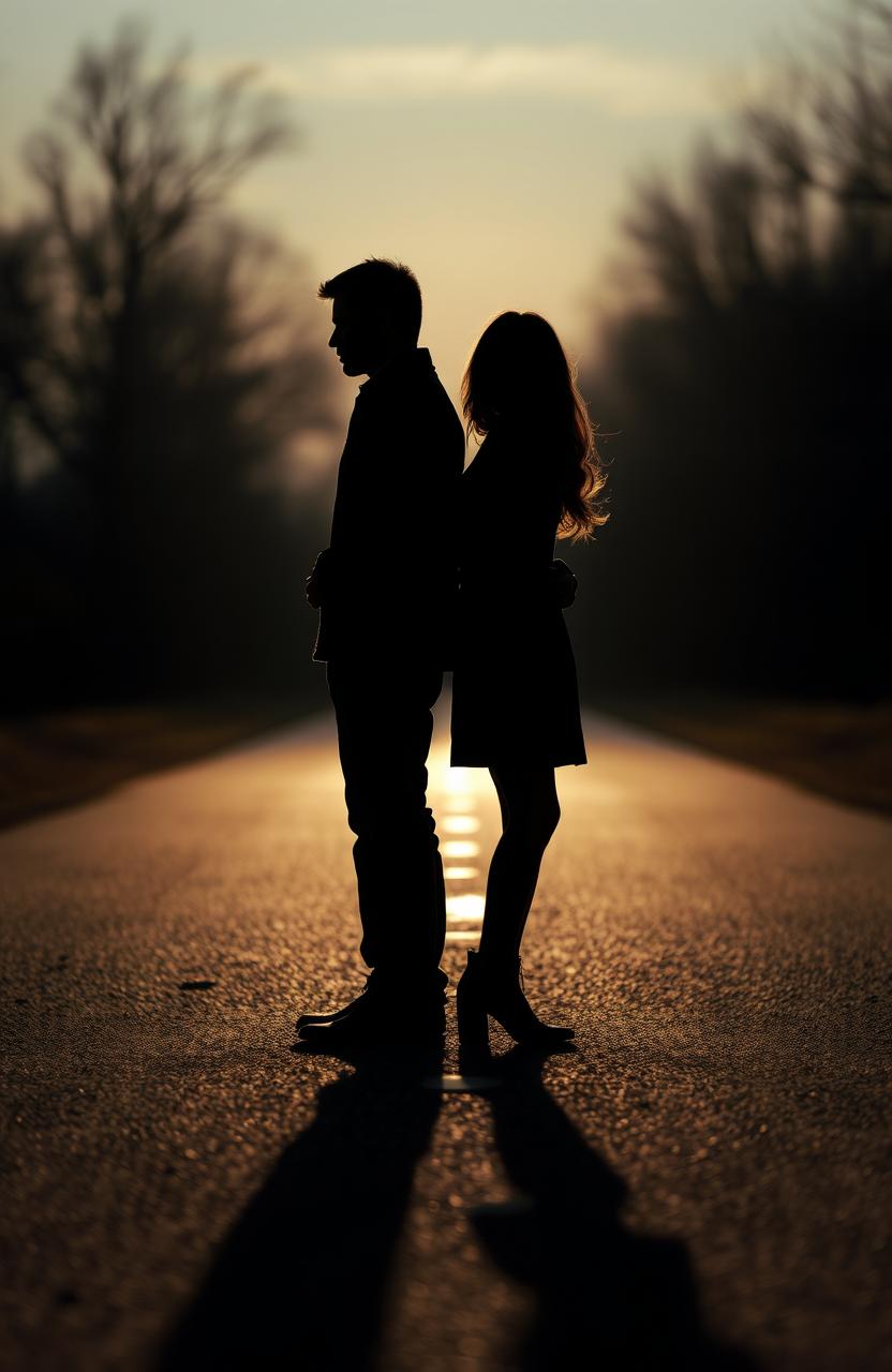 A hauntingly beautiful image featuring the shadows of a man and a woman intertwined, standing on a quiet, deserted path