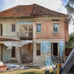 A charming old house midway through a thorough renovation, with elements of old and new architecture intertwining, construction tools scattered and sections being transformed.