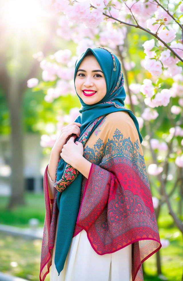 A beautiful woman wearing a stylish hijab, showcasing vibrant colors and intricate patterns