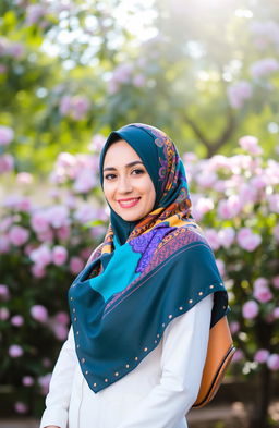 A beautiful woman wearing a stylish hijab, showcasing vibrant colors and intricate patterns