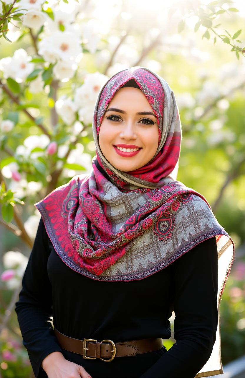 A beautiful woman wearing a stylish hijab, showcasing vibrant colors and intricate patterns