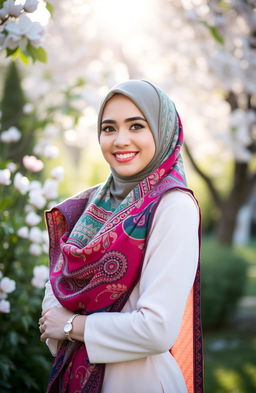A beautiful woman wearing a stylish hijab, showcasing vibrant colors and intricate patterns