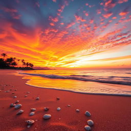 A captivating sunset scene painted with a vivid blend of orange, pink, and purple hues enchanting the sky above a serene beach