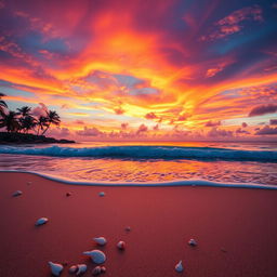 A captivating sunset scene painted with a vivid blend of orange, pink, and purple hues enchanting the sky above a serene beach