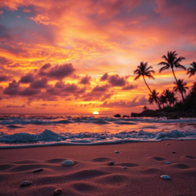 A captivating sunset scene painted with a vivid blend of orange, pink, and purple hues enchanting the sky above a serene beach