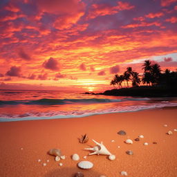 A captivating sunset scene painted with a vivid blend of orange, pink, and purple hues enchanting the sky above a serene beach