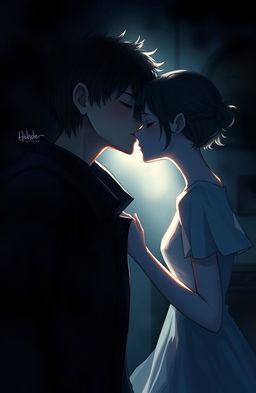 A hauntingly beautiful scene set in a dimly lit, atmospheric room, featuring a boy with a melancholic expression, draped in shadows