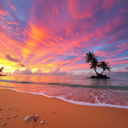 A captivating sunset scene that displays a stunning blend of orange, pink, and purple hues radiating across the sky above a serene beach