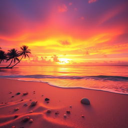 A captivating sunset scene that displays a stunning blend of orange, pink, and purple hues radiating across the sky above a serene beach