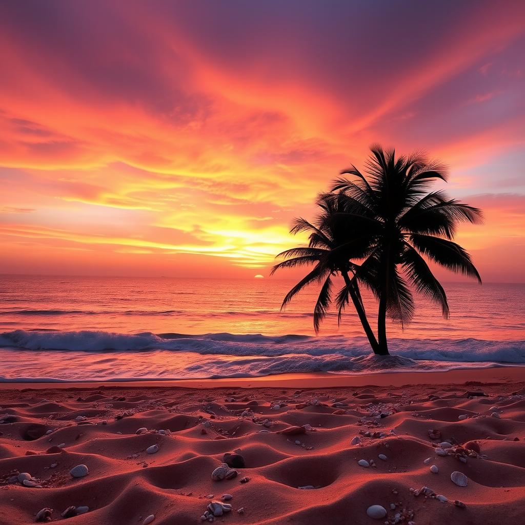 A captivating sunset scene that displays a stunning blend of orange, pink, and purple hues radiating across the sky above a serene beach