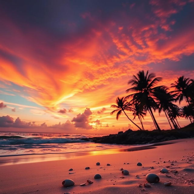 A captivating sunset scene that displays a stunning blend of orange, pink, and purple hues radiating across the sky above a serene beach