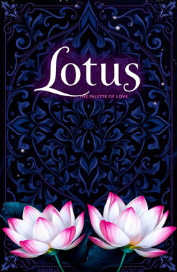 A fantasy book cover titled 'Lotus: The Palette of Love', featuring an intricate design of dark colors such as deep blues, rich purples, and midnight blacks, punctuated with sporadic white shades