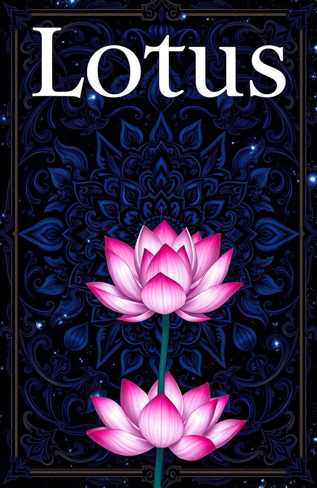 A fantasy book cover titled 'Lotus: The Palette of Love', featuring an intricate design of dark colors such as deep blues, rich purples, and midnight blacks, punctuated with sporadic white shades