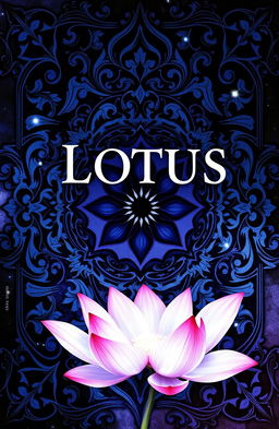 A fantasy book cover titled 'Lotus: The Palette of Love', featuring an intricate design of dark colors such as deep blues, rich purples, and midnight blacks, punctuated with sporadic white shades