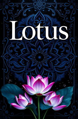 A fantasy book cover titled 'Lotus: The Palette of Love', featuring an intricate design of dark colors such as deep blues, rich purples, and midnight blacks, punctuated with sporadic white shades