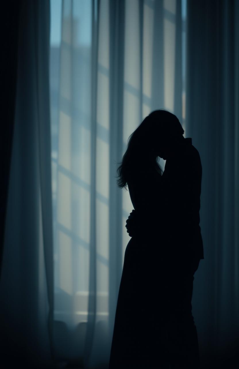 A beautiful and melancholic image depicting the shadows of a man and a woman intertwined, set against a softly blurred background