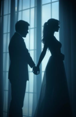 A beautiful and melancholic image depicting the shadows of a man and a woman intertwined, set against a softly blurred background