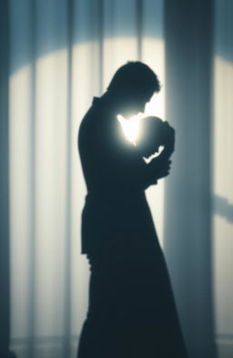 A beautiful and melancholic image depicting the shadows of a man and a woman intertwined, set against a softly blurred background