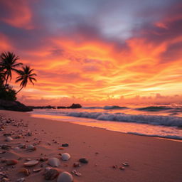A captivating sunset scene that features a breathtaking display of orange, pink, and purple hues beautifully cascading across the sky above a serene beach