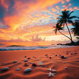 A captivating sunset scene that features a breathtaking display of orange, pink, and purple hues beautifully cascading across the sky above a serene beach