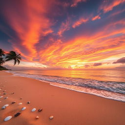 A captivating sunset scene that features a breathtaking display of orange, pink, and purple hues beautifully cascading across the sky above a serene beach