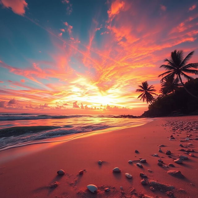 A captivating sunset scene that features a breathtaking display of orange, pink, and purple hues beautifully cascading across the sky above a serene beach