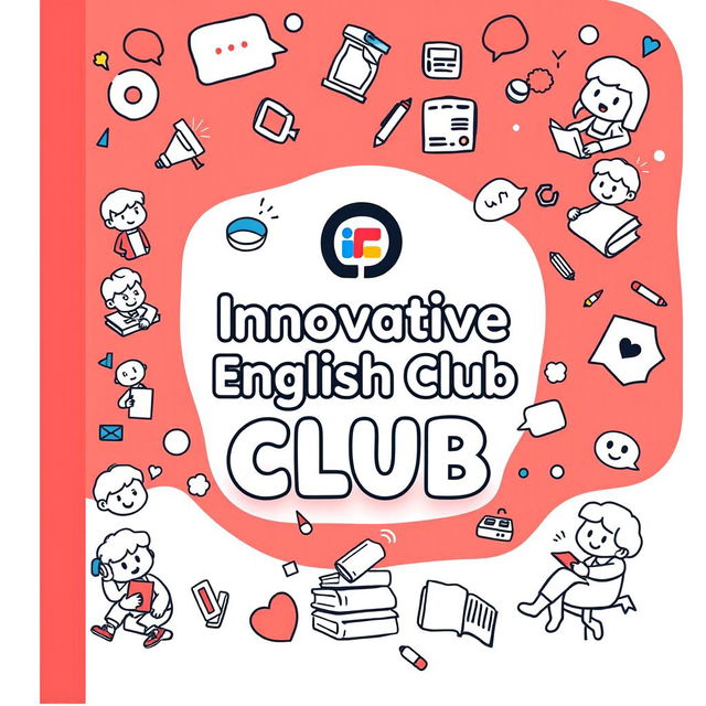 A vibrant A5 notebook cover design for the Innovative English Club, featuring an animated cartoon theme