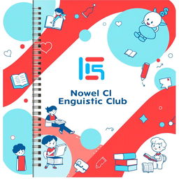A vibrant A5 notebook cover design for the Innovative English Club, featuring an animated cartoon theme