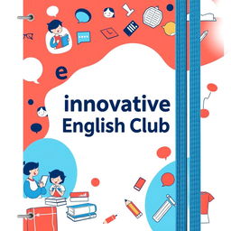 A vibrant A5 notebook cover design for the Innovative English Club, featuring an animated cartoon theme