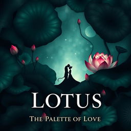 A fantasy book cover for 'Lotus: The Palette of Love', featuring a rich tapestry of dark colors including deep emerald greens, shadowy blacks, and hints of dark crimson, punctuated by soft, ethereal white shades
