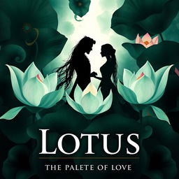 A fantasy book cover for 'Lotus: The Palette of Love', featuring a rich tapestry of dark colors including deep emerald greens, shadowy blacks, and hints of dark crimson, punctuated by soft, ethereal white shades