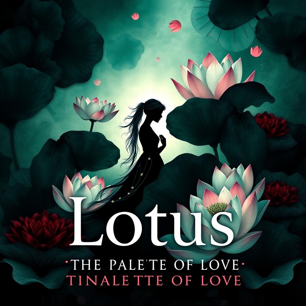 A fantasy book cover for 'Lotus: The Palette of Love', featuring a rich tapestry of dark colors including deep emerald greens, shadowy blacks, and hints of dark crimson, punctuated by soft, ethereal white shades