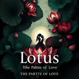 A fantasy book cover for 'Lotus: The Palette of Love', featuring a rich tapestry of dark colors including deep emerald greens, shadowy blacks, and hints of dark crimson, punctuated by soft, ethereal white shades