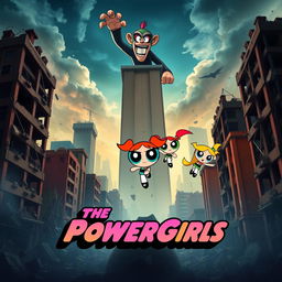 A vibrant movie poster for a film about The Powerpuff Girls, featuring a dramatic backdrop of a devastated cityscape, with crumbling buildings and debris scattered throughout