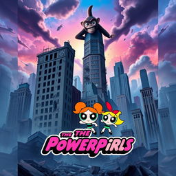 A vibrant movie poster for a film about The Powerpuff Girls, featuring a dramatic backdrop of a devastated cityscape, with crumbling buildings and debris scattered throughout