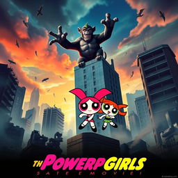 A vibrant movie poster for a film about The Powerpuff Girls, featuring a dramatic backdrop of a devastated cityscape, with crumbling buildings and debris scattered throughout