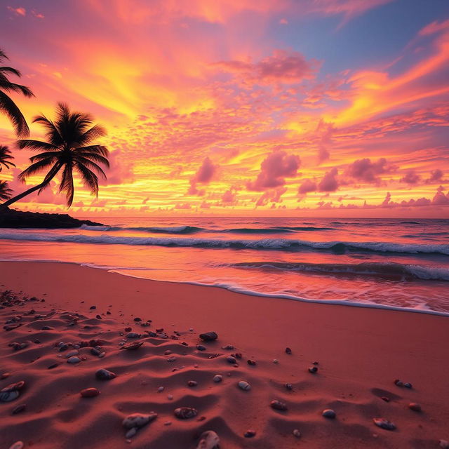 A captivating sunset scene showcasing an exquisite blend of orange, pink, and purple hues filling the sky above a serene beach