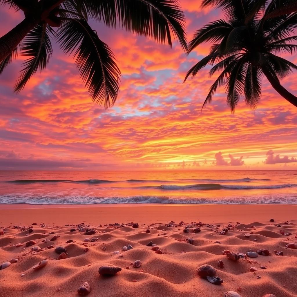 A captivating sunset scene showcasing an exquisite blend of orange, pink, and purple hues filling the sky above a serene beach