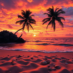 A captivating sunset scene showcasing an exquisite blend of orange, pink, and purple hues filling the sky above a serene beach