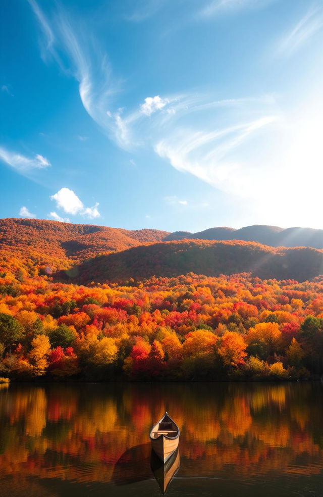 A stunning landscape showcasing a vast, colorful autumn forest filled with vibrant orange, red, and yellow leaves