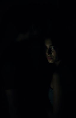 A shadowy, ambiguous scene featuring a young man and woman standing closely together, their faces almost touching as if about to kiss