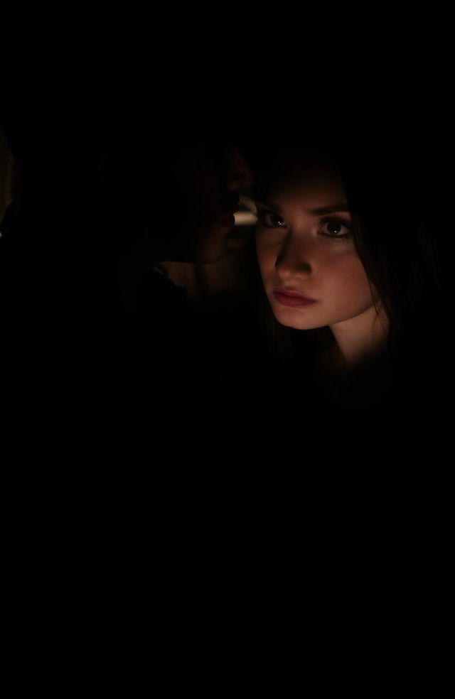 A shadowy, ambiguous scene featuring a young man and woman standing closely together, their faces almost touching as if about to kiss