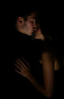 A shadowy, ambiguous scene featuring a young man and woman standing closely together, their faces almost touching as if about to kiss