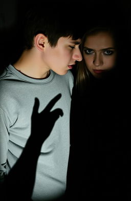 A shadowy, ambiguous scene featuring a young man and woman standing closely together, their faces almost touching as if about to kiss